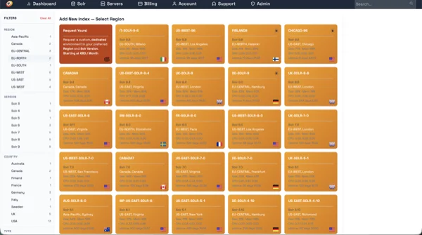 Create Your Opensolr Index — Select Region & Solr Version