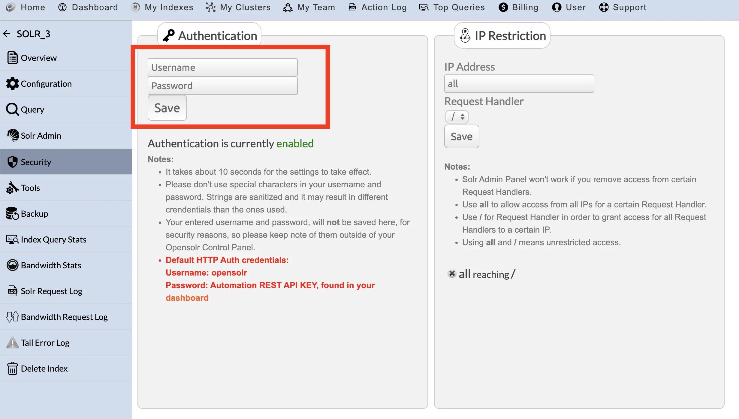 Opensolr Security Control Panel